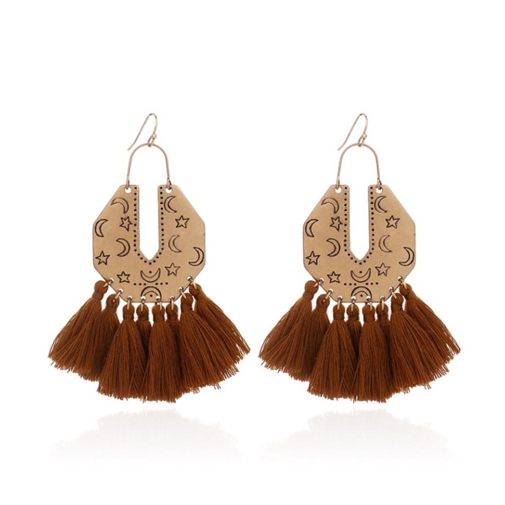 Moon and Star Polygon Tassels Earrings - Picture 8 of 11